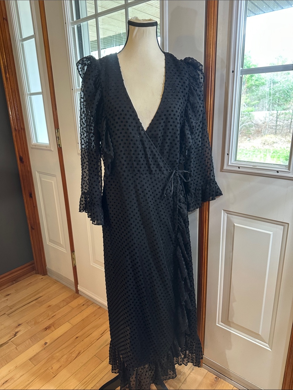 Ganni Black Swiss Dot Wrap Maxi Dress